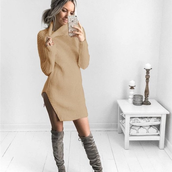 tan turtleneck sweater dress